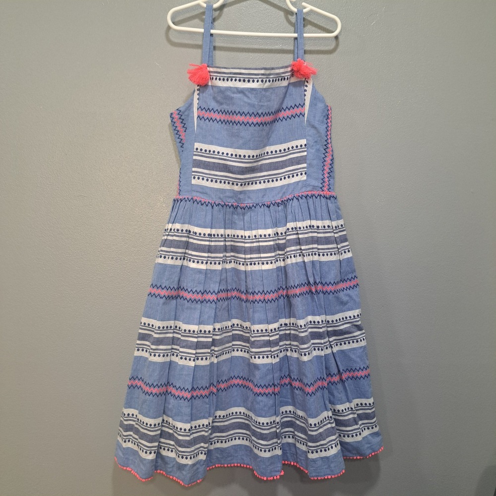 Boden Girls Blue Striped Embroidered Tassel Sundress Size 11-12Y Summer Boho